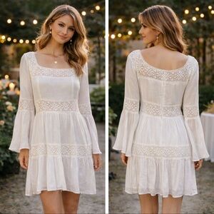 White Gauze & Lace Boho Hippie Dress w Bell Sleeves
